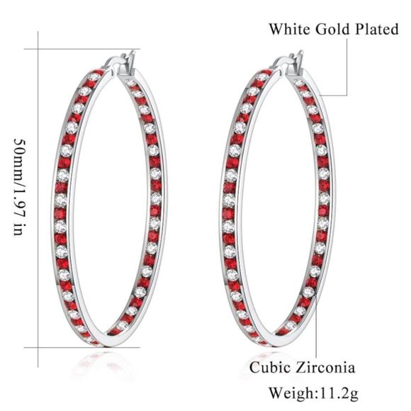 14K White Gold with Ruby Red and White Diamond Cubic Zirconia Big Hoop Earrings - Picture 5 of 5
